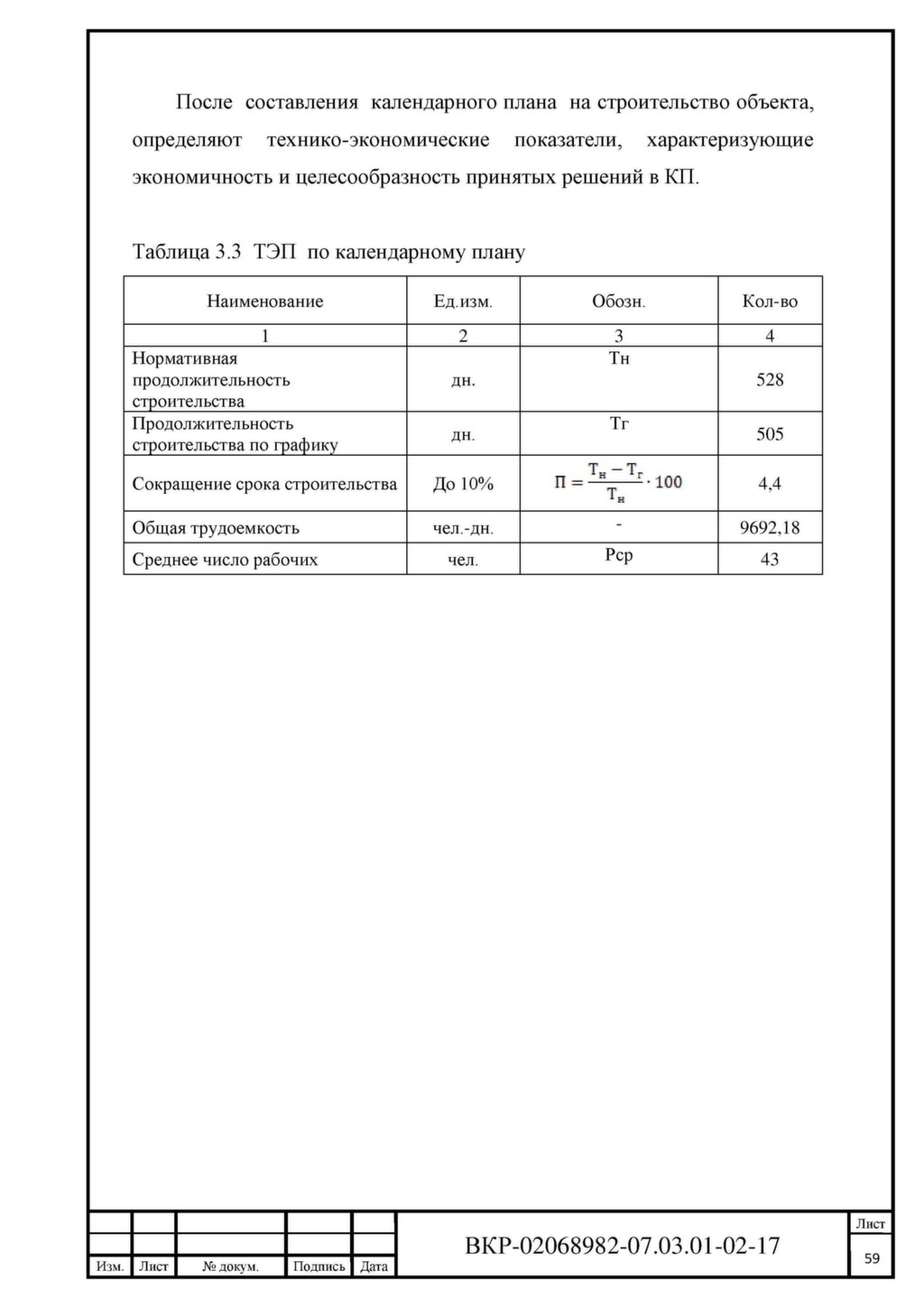 Таблица технико экономических показателей для календарного плана