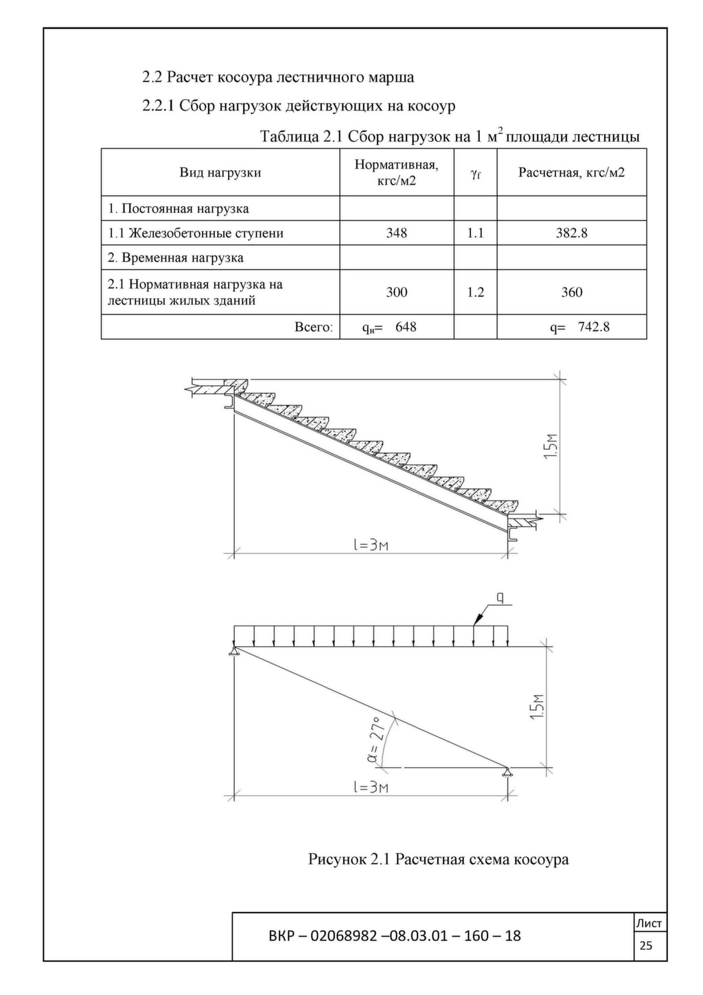 Расчетная схема лестничного марша